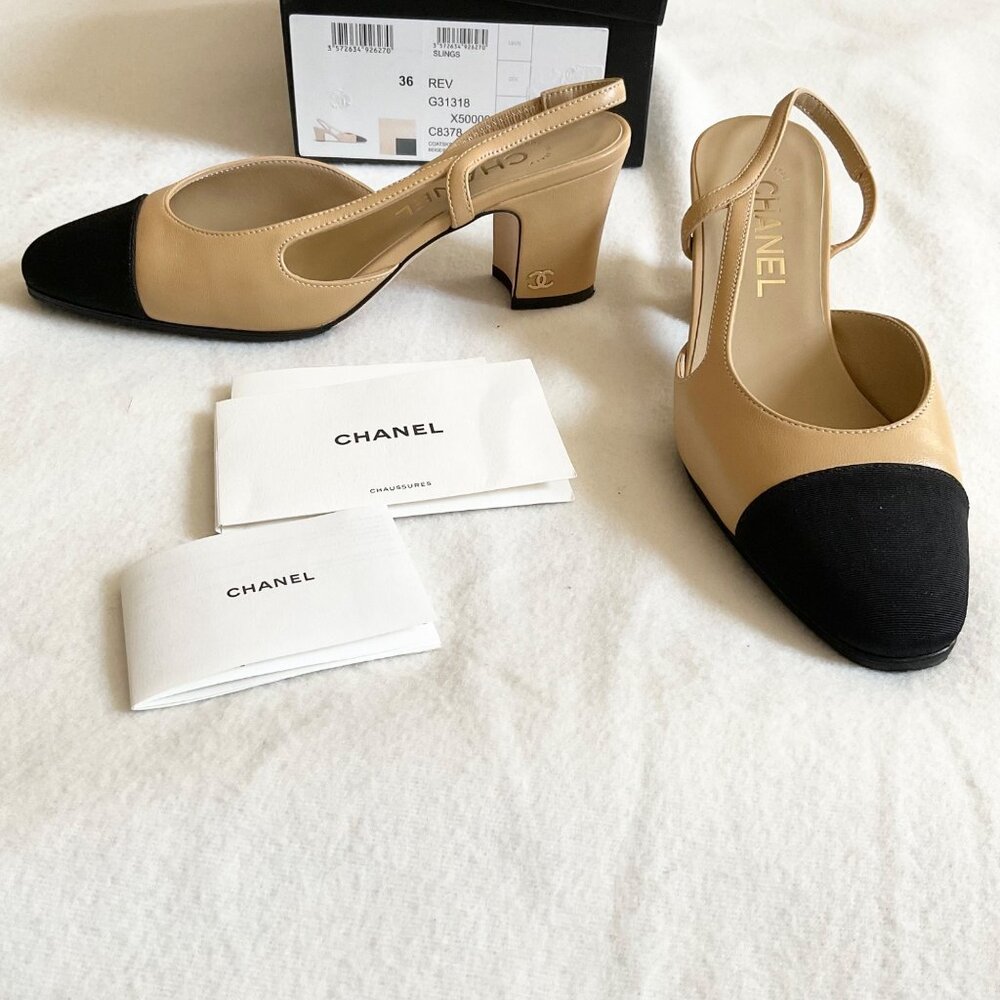 Like NU CHANEL Interlocking BLK beige Leather Slingback Pumps heels36 US5.5
